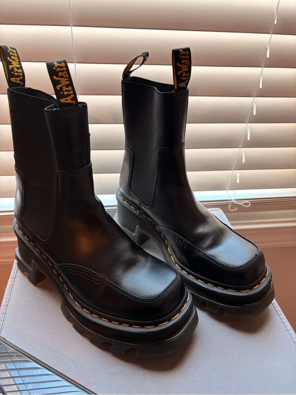 Dr. Martens Black Leather Lace-Up Platform Boots with Yellow Stitching